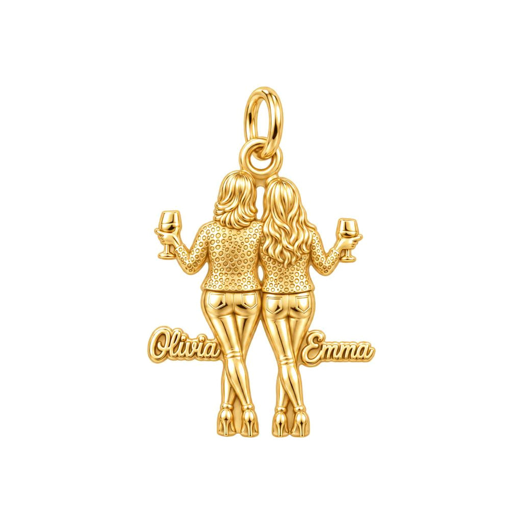Mother and Daughter Wine Toast Charm Bracelet – Personalized Mom Gift – 18K gold plated 3 cm charm, front view