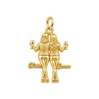 Mother and Daughter Wine Toast Charm Bracelet – Personalized Mom Gift – 18K gold plated 3 cm charm, front view