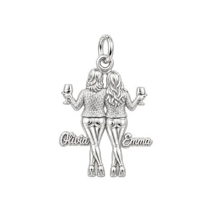 Mother and Daughter Wine Toast Charm Bracelet – Personalized Mom Gift – silver plated 3 cm charm, front view