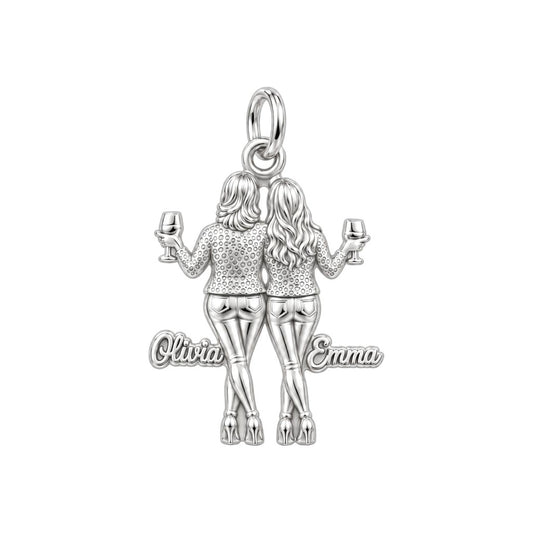 Mother and Daughter Wine Toast Charm Bracelet – Personalized Mom Gift – silver plated 3 cm charm, front view