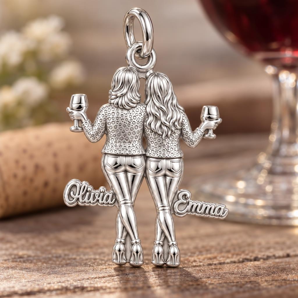 Mother and Daughter Wine Toast Charm Bracelet – Personalized Mom Gift – macro detail of the charm