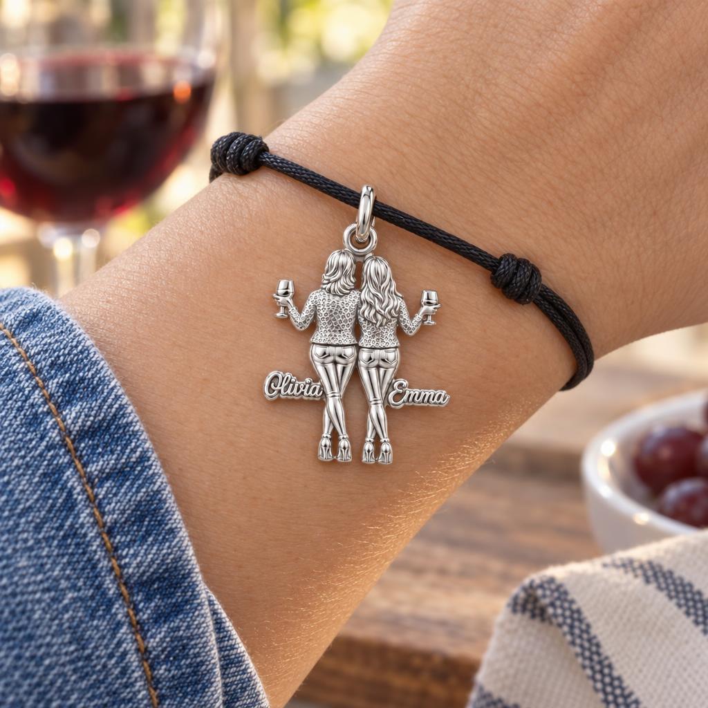 Mother and Daughter Wine Toast Charm Bracelet – Personalized Mom Gift – worn on the wrist on a black cord bracelet