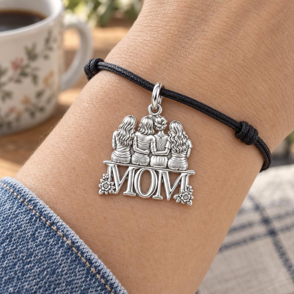 Mother and Daughters Bond Charm Bracelet – Personalized Mom Gift – worn on the wrist on a black cord bracelet