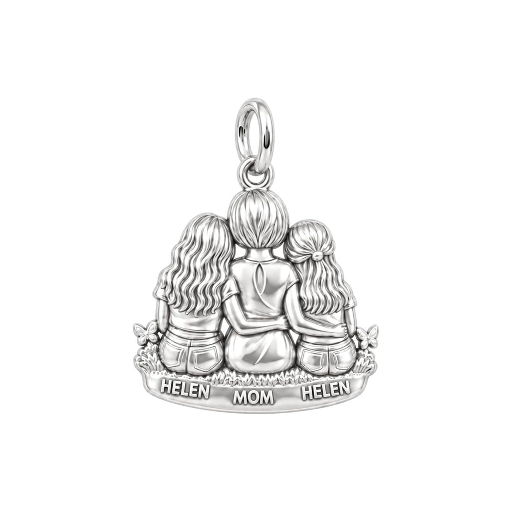Mother and Daughters Hug Charm Bracelet – Personalized Mom Gift – silver plated 3 cm charm, front view