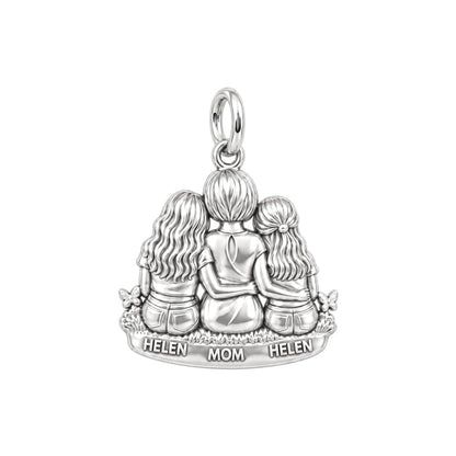 Mother and Daughters Hug Charm Bracelet – Personalized Mom Gift – silver plated 3 cm charm, front view