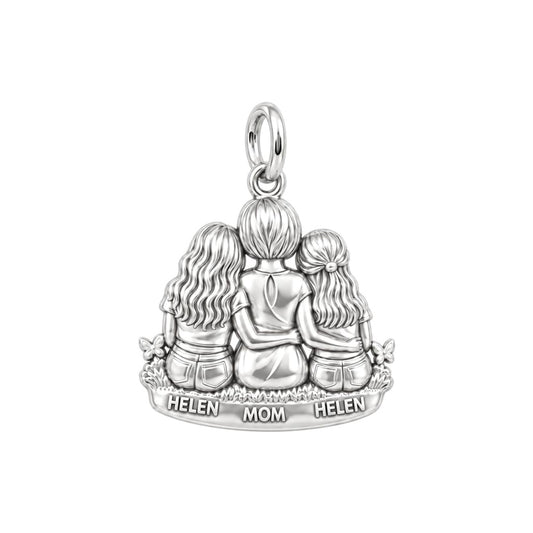 Mother and Daughters Hug Charm Bracelet – Personalized Mom Gift – silver plated 3 cm charm, front view