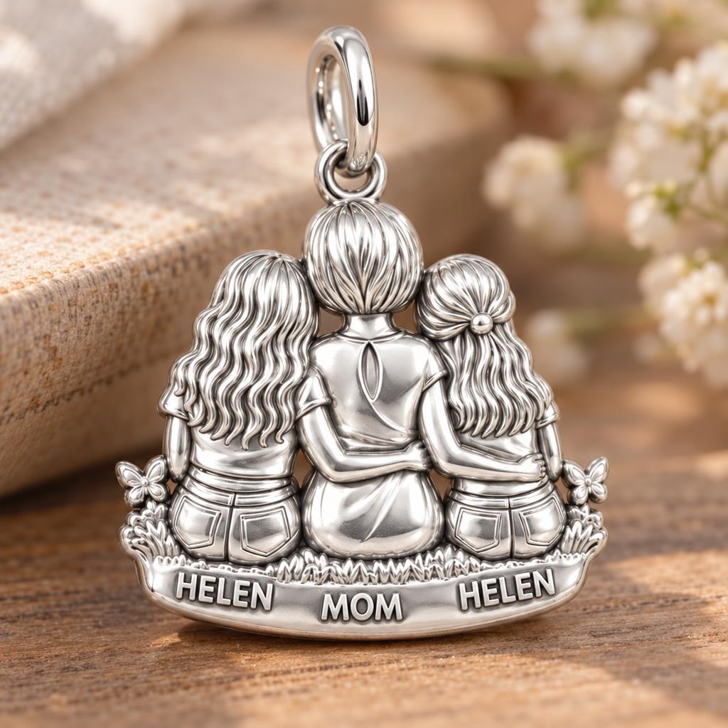 Mother and Daughters Hug Charm Bracelet – Personalized Mom Gift – macro detail of the charm