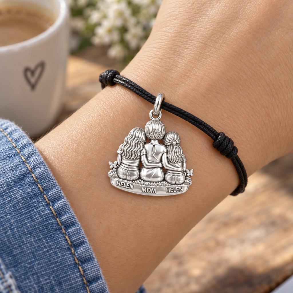 Mother and Daughters Hug Charm Bracelet – Personalized Mom Gift – worn on the wrist on a black cord bracelet