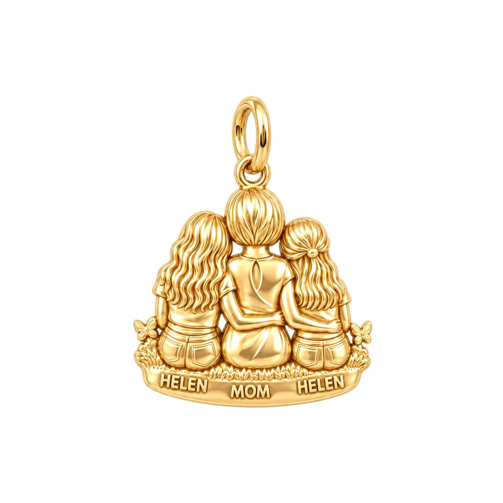 Mother and Daughters Hug Charm Bracelet – Personalized Mom Gift – 18K gold plated 3 cm charm, front view