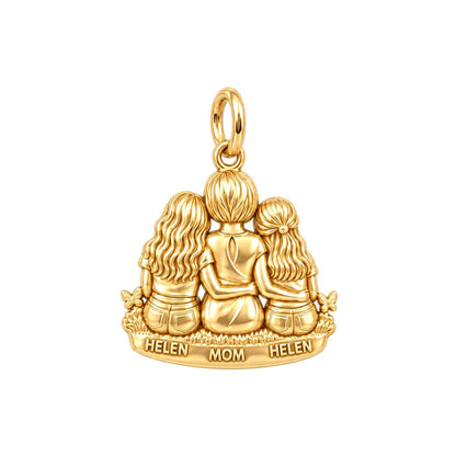 Mother and Daughters Hug Charm Bracelet – Personalized Mom Gift – 18K gold plated 3 cm charm, front view