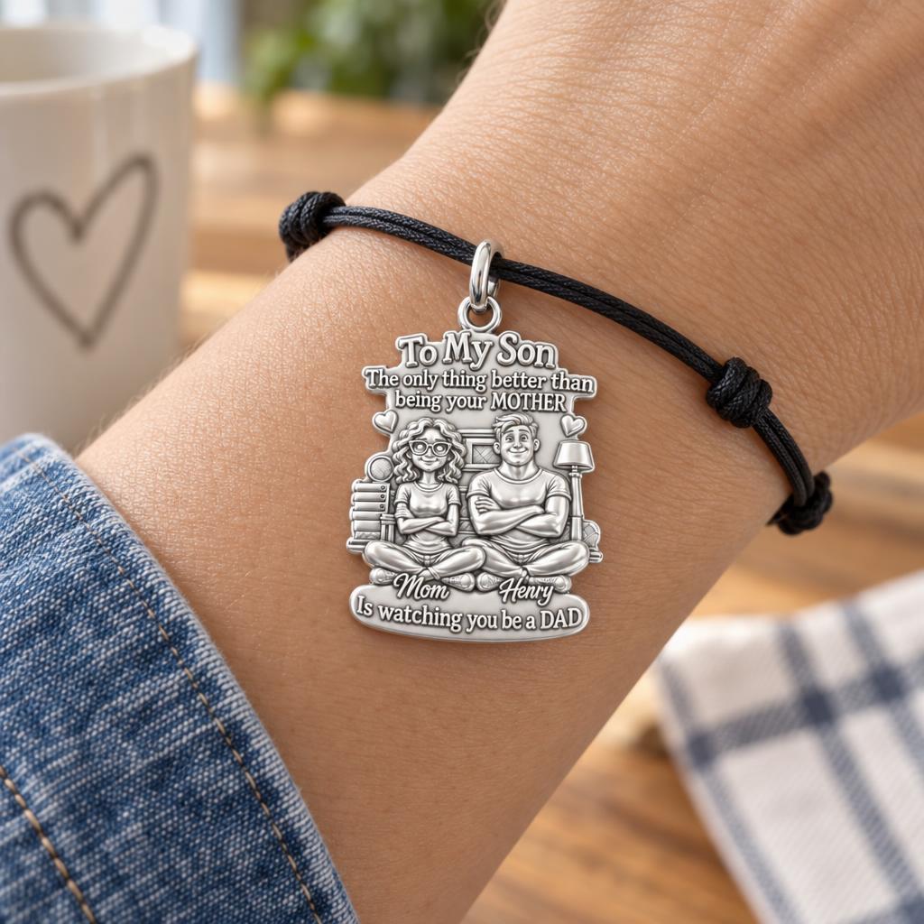 Mother and Son Bond Charm Bracelet – Personalized Mom Gift – worn on the wrist on a black cord bracelet