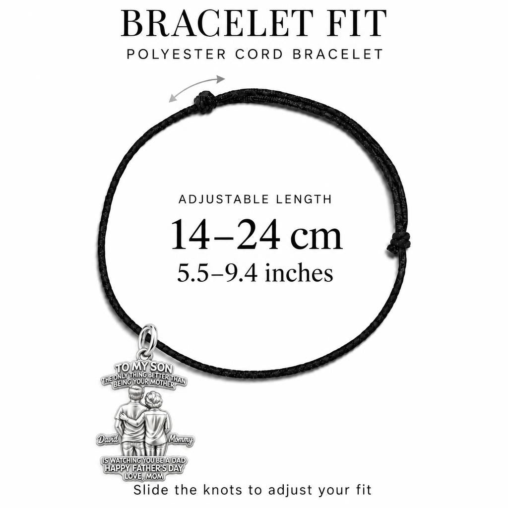 Mother and Son Bond Charm Bracelet – Personalized Son Gift – adjustable black cord bracelet, 14–24 cm