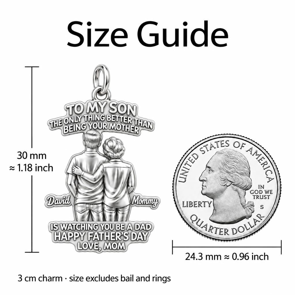 Mother and Son Bond Charm Bracelet – Personalized Son Gift – size guide, 3 cm charm next to a quarter