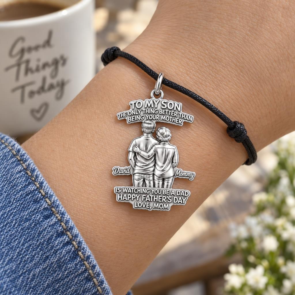 Mother and Son Bond Charm Bracelet – Personalized Son Gift – worn on the wrist on a black cord bracelet