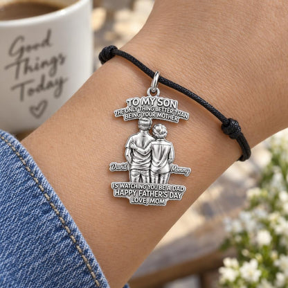Mother and Son Bond Charm Bracelet – Personalized Son Gift – worn on the wrist on a black cord bracelet