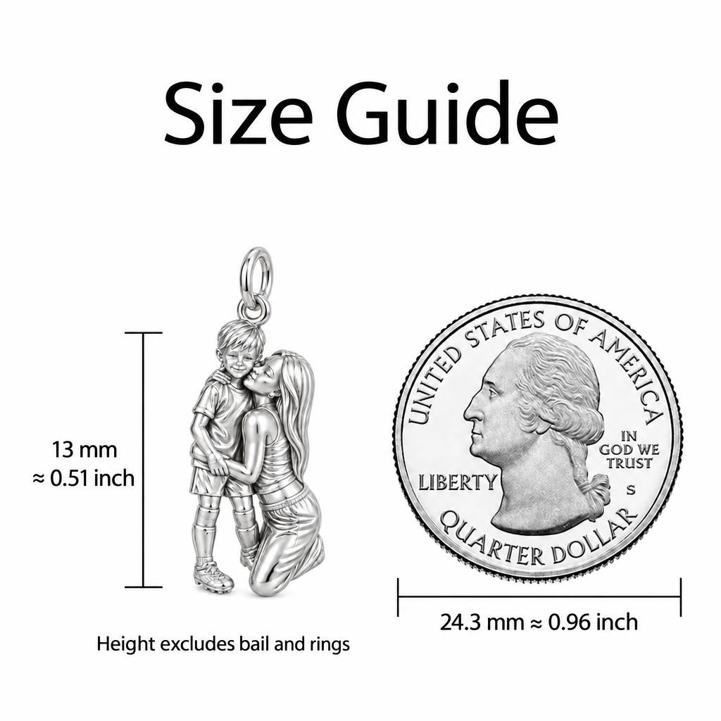 Mother and Son Embrace Charm Bracelet – Personalized Mom Gift – size guide, 13 mm charm next to a quarter