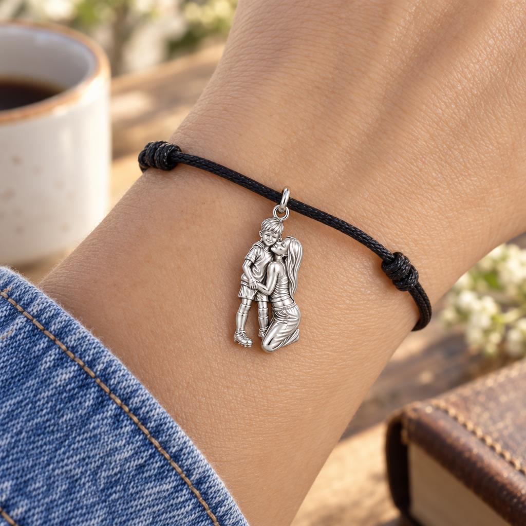 Mother and Son Embrace Charm Bracelet – Personalized Mom Gift – worn on the wrist on a black cord bracelet