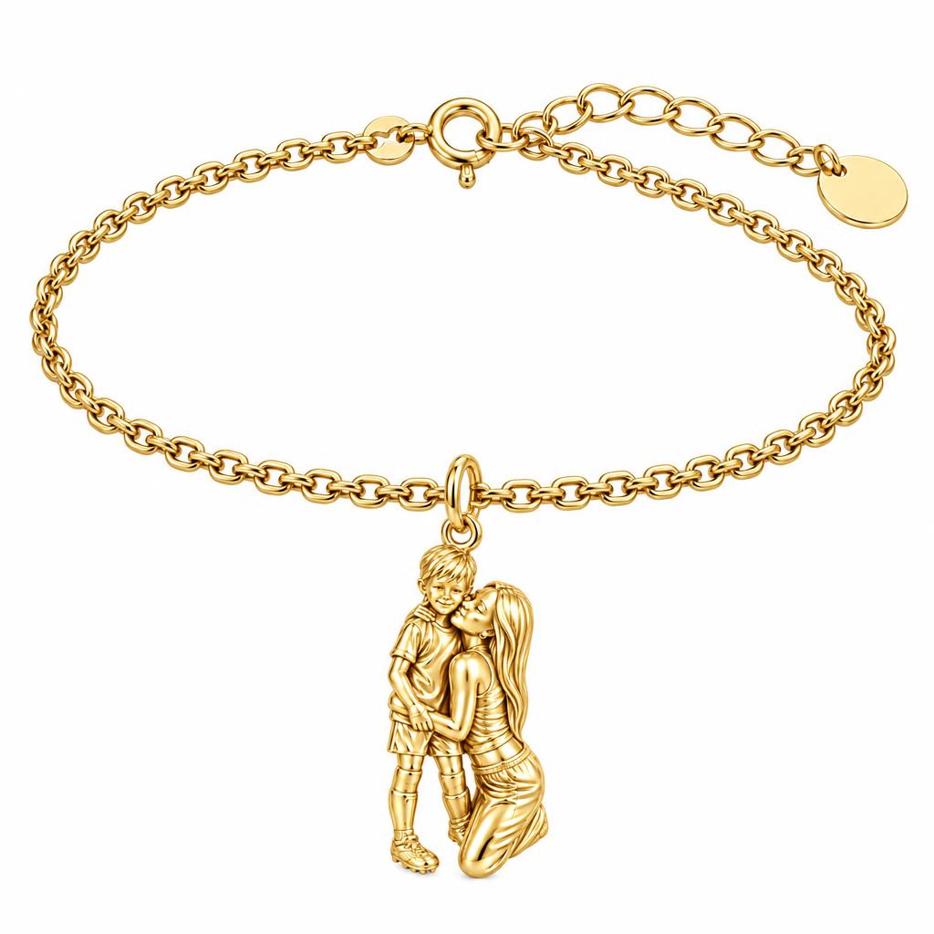 Mother and Son Embrace Charm Bracelet Set – 18K gold, front view