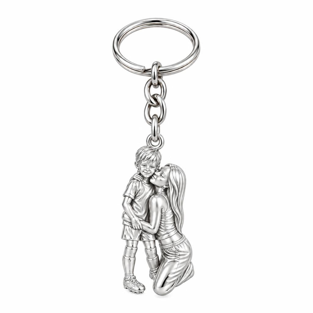 Mother and Son Embrace Charm Keychain – silver, front view