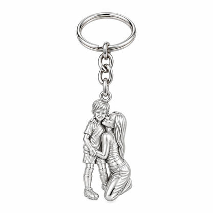 Mother and Son Embrace Charm Keychain – silver, front view