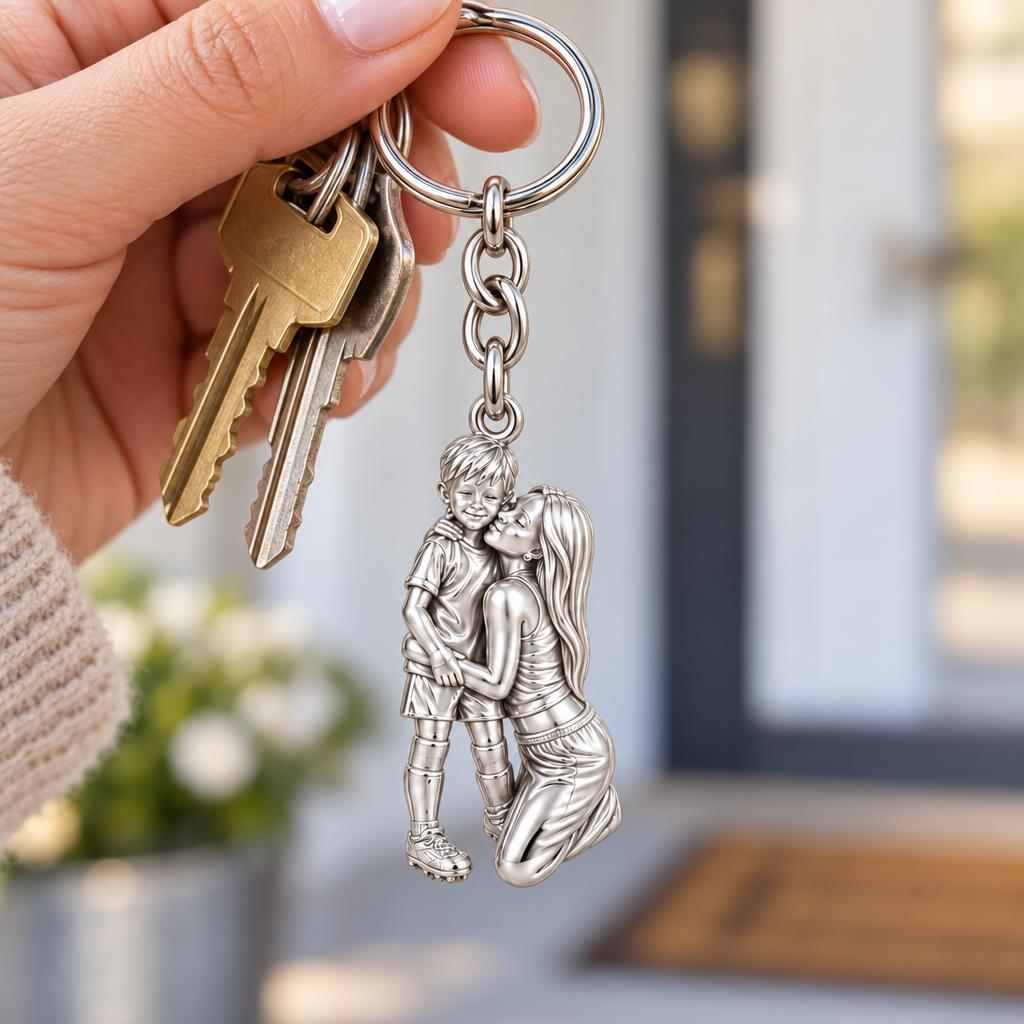 Mother and Son Embrace Charm Keychain – worn / in use