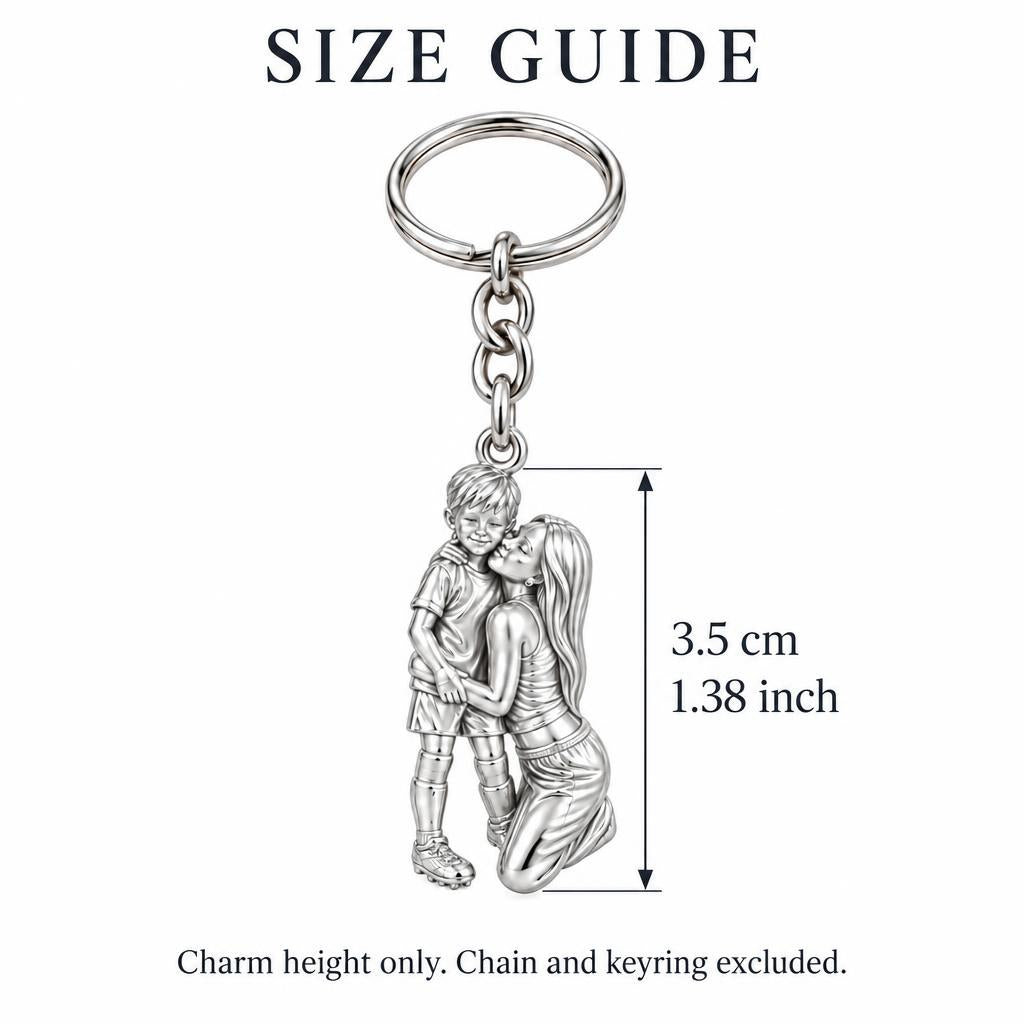 Mother and Son Embrace Charm Keychain – size guide, 3.5 cm (1.38 in) charm, chain and keyring excluded