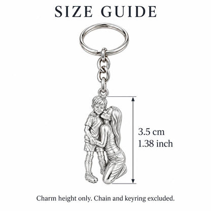 Mother and Son Embrace Charm Keychain – size guide, 3.5 cm (1.38 in) charm, chain and keyring excluded