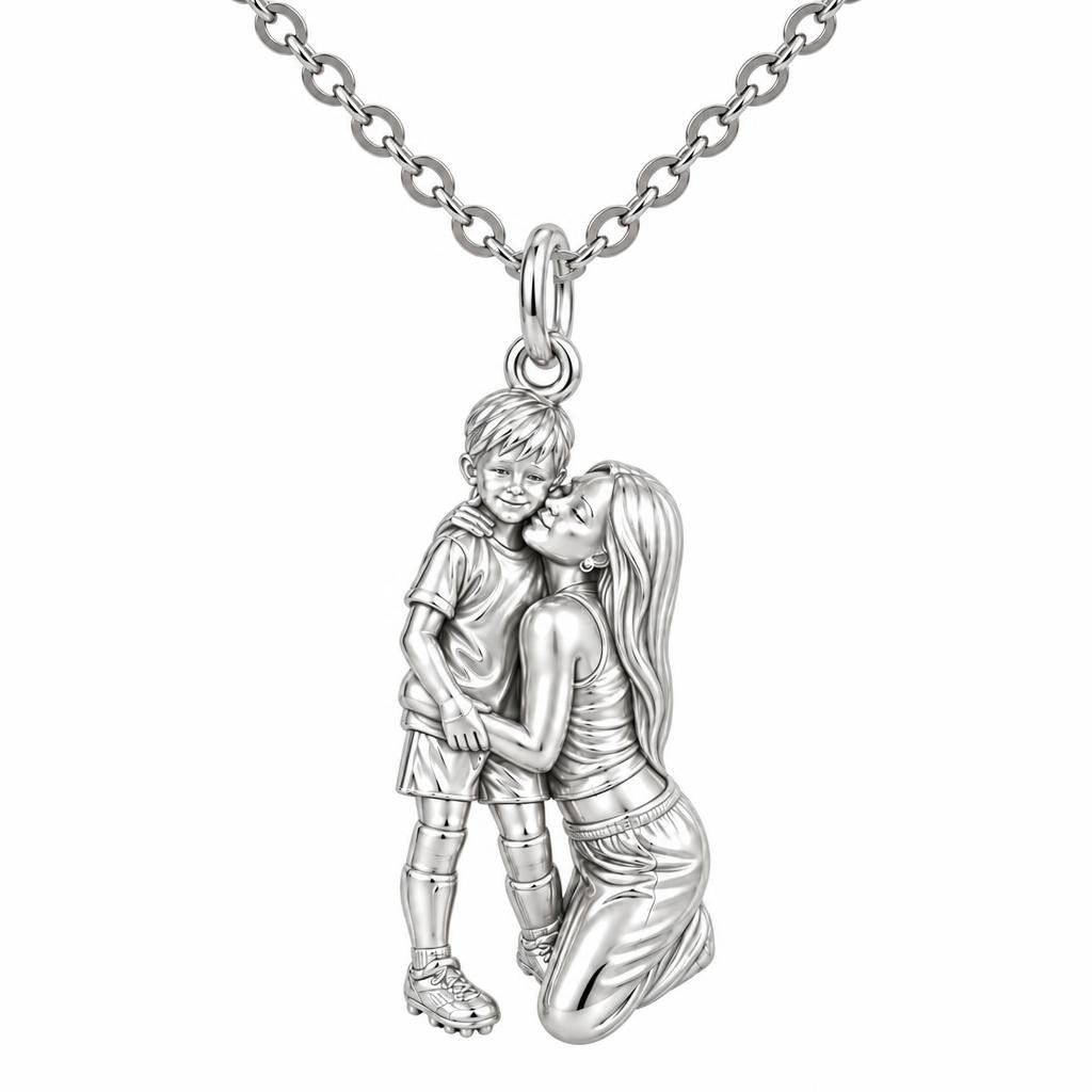 Mother and Son Embrace Charm Necklace Set – silver, front view