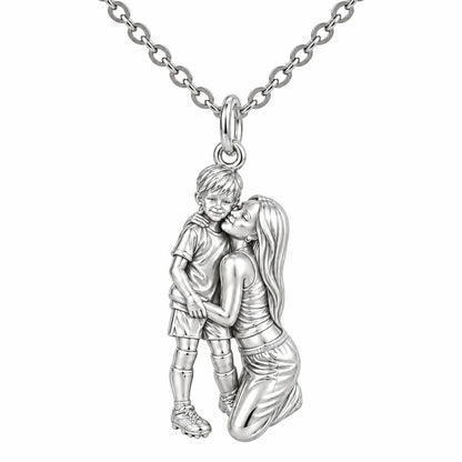 Mother and Son Embrace Charm Necklace Set – silver, front view