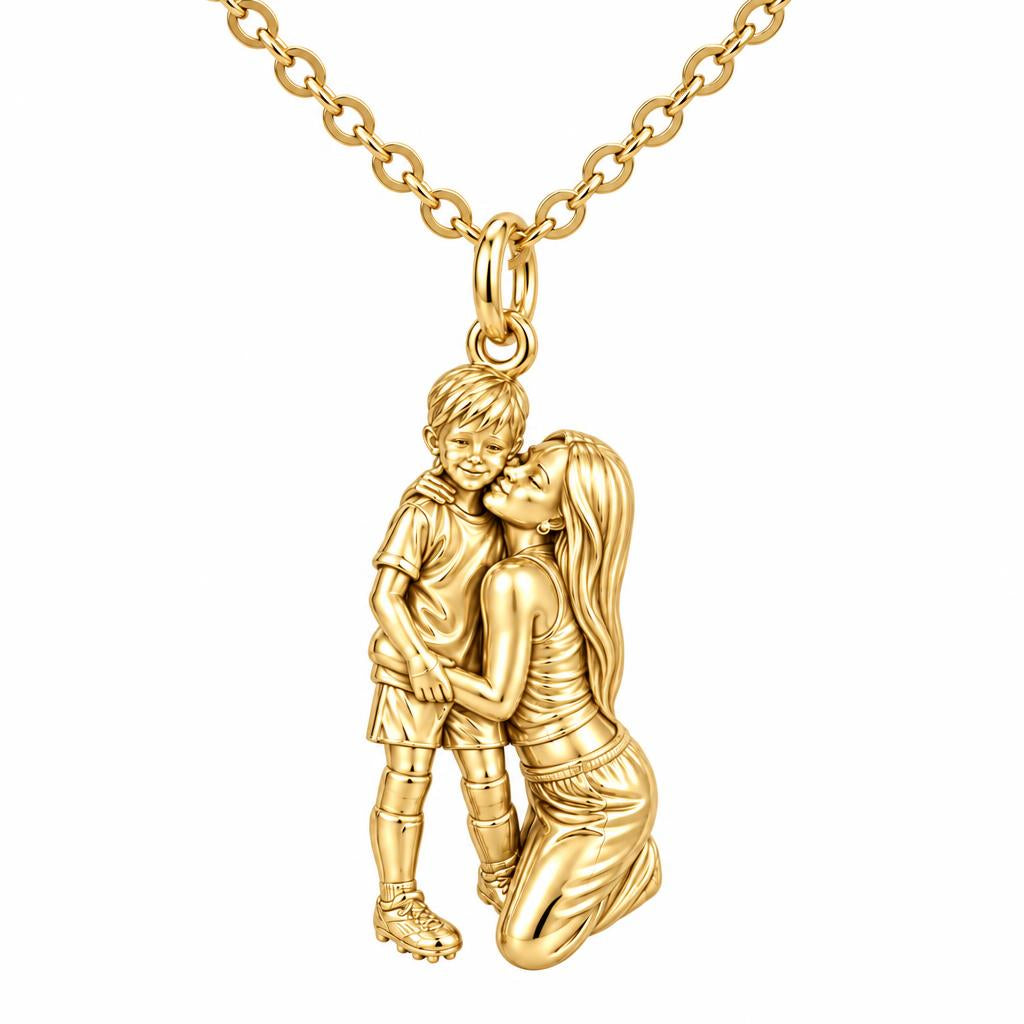 Mother and Son Embrace Charm Necklace Set – 18K gold, front view