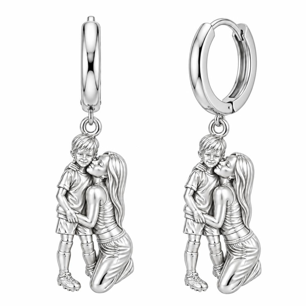 Mother and Son Embrace Huggie Charm Earrings – silver, front view