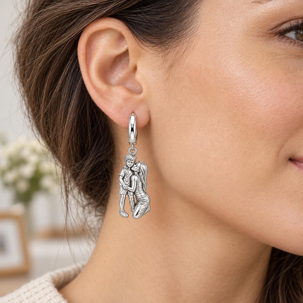 Mother and Son Embrace Huggie Charm Earrings – worn / in use