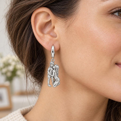 Mother and Son Embrace Huggie Charm Earrings – worn / in use