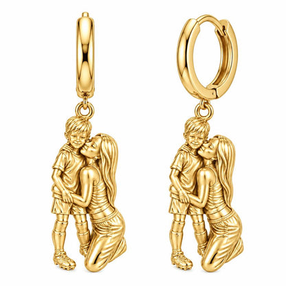 Mother and Son Embrace Huggie Charm Earrings – 18K gold, front view