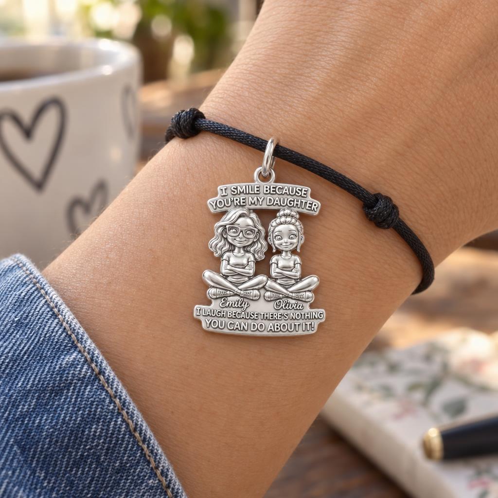 Mother Daughter Bond Charm Bracelet – Personalized Mom Gift – worn on the wrist on a black cord bracelet
