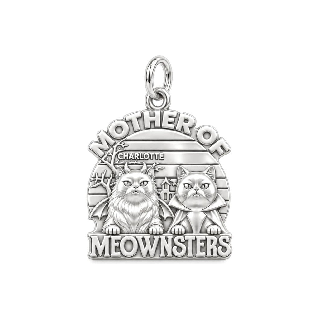 Mother of Meownsters Charm Bracelet – Personalized Cat Mom Gift – silver plated 3 cm charm, front view