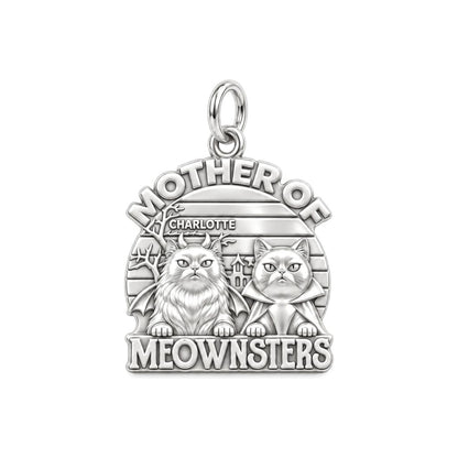 Mother of Meownsters Charm Bracelet – Personalized Cat Mom Gift – silver plated 3 cm charm, front view