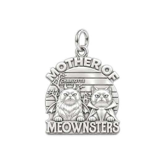 Mother of Meownsters Charm Bracelet – Personalized Cat Mom Gift – silver plated 2 cm charm, front view