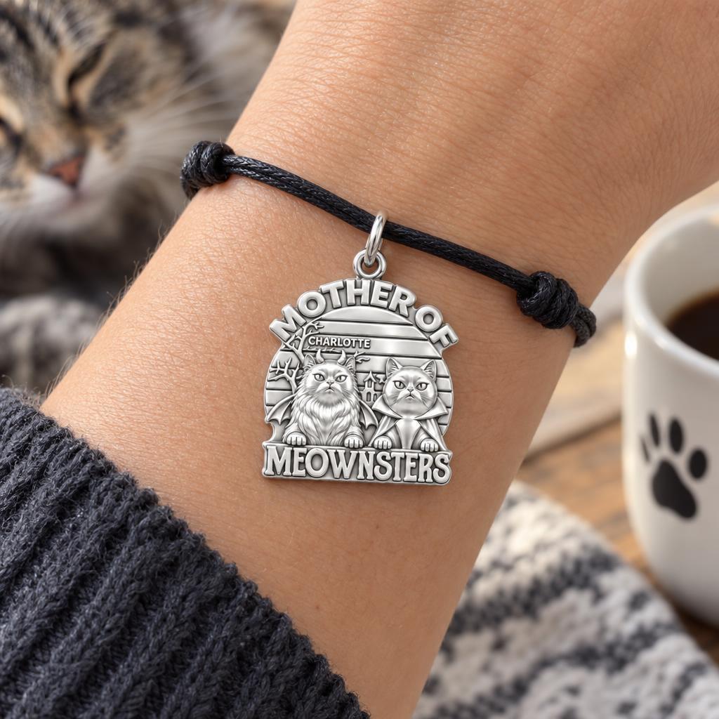 Mother of Meownsters Charm Bracelet – Personalized Cat Mom Gift – worn on the wrist on a black cord bracelet
