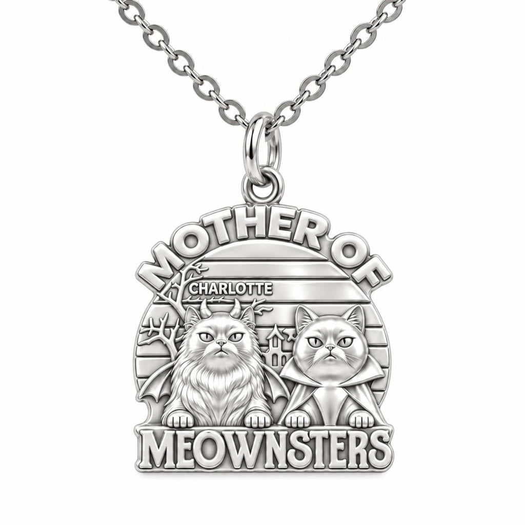 Mother of Meownsters Charm Necklace Set – silver, front view