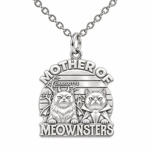 Mother of Meownsters Charm Necklace Set – silver, front view