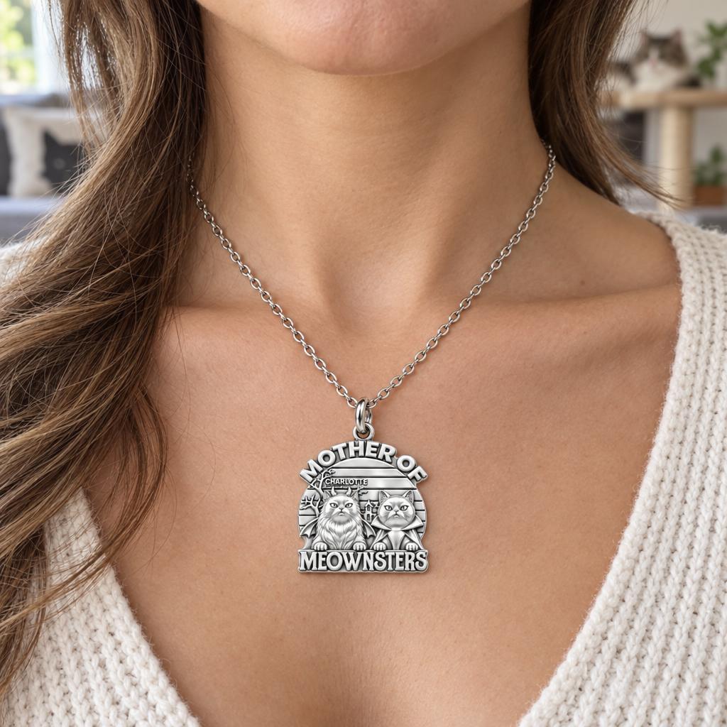 Mother of Meownsters Charm Necklace Set – worn / in use