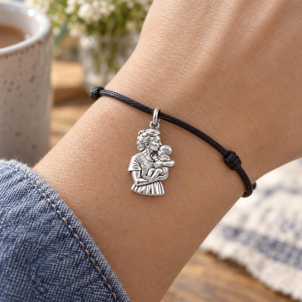 Mother's Tender Embrace Charm Bracelet – Personalized Mom Gift – worn on the wrist on a black cord bracelet