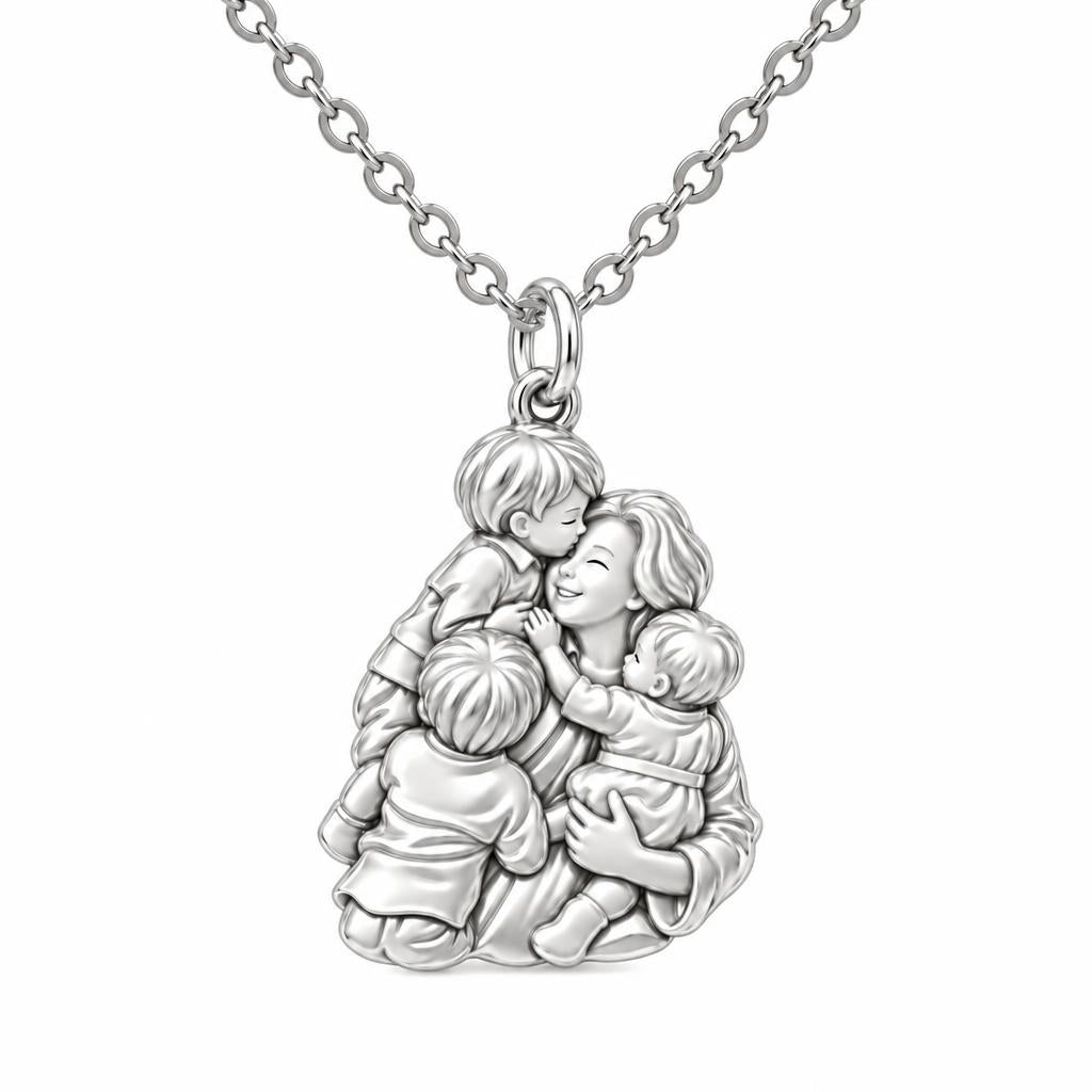 Mother's Tender Embrace Charm Necklace Set – silver, front view