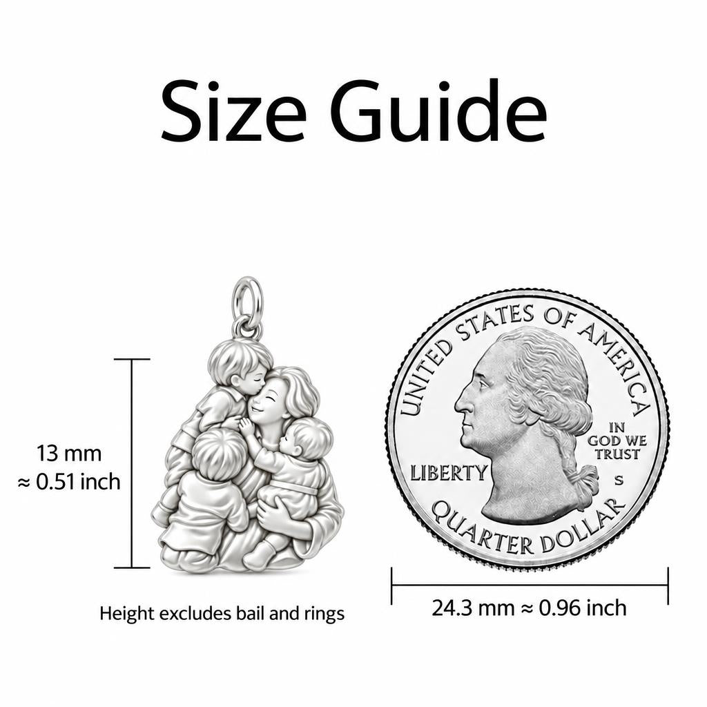 Mother's Tender Embrace Charm Necklace Set – size guide, 13 mm charm next to a quarter