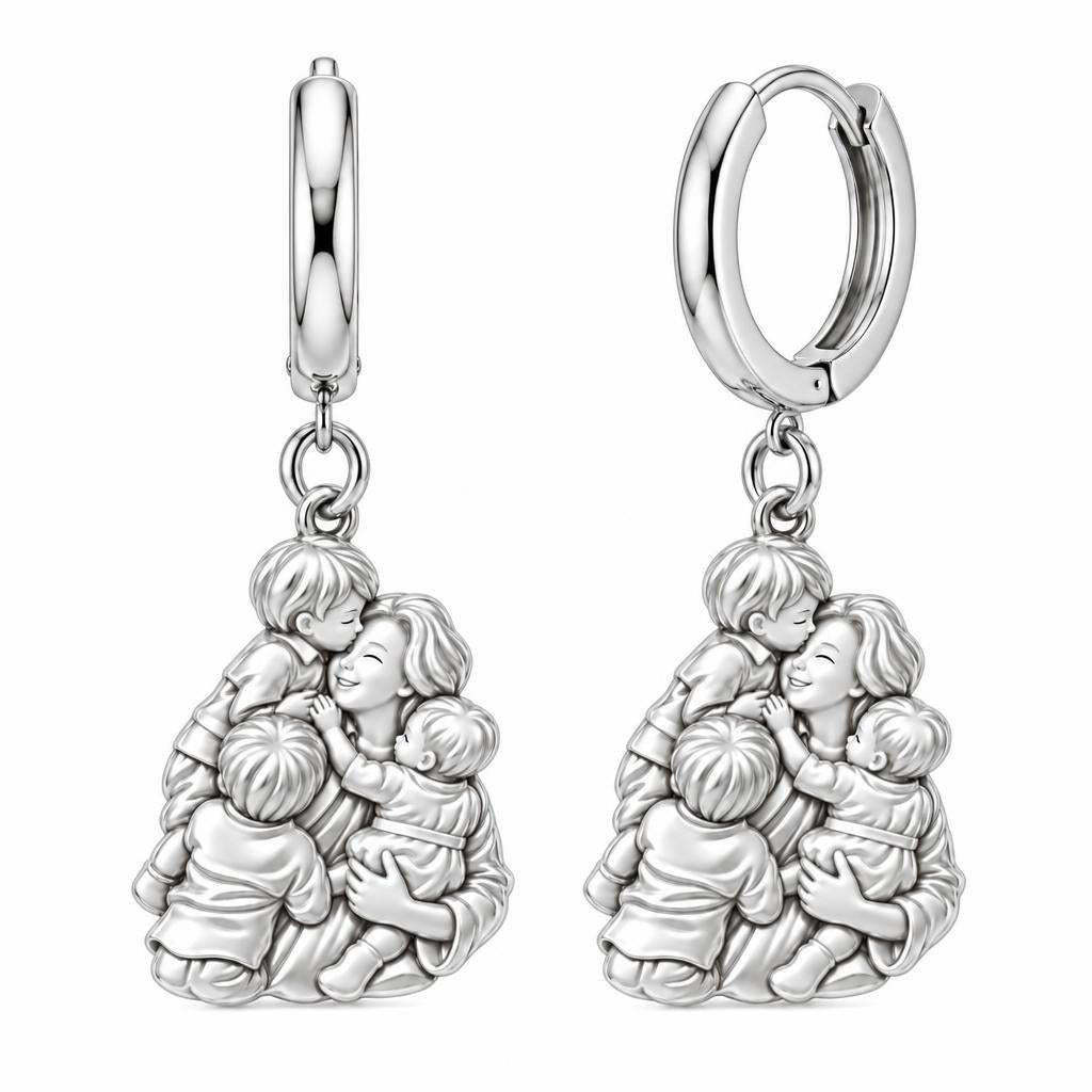 Mother's Tender Embrace Huggie Charm Earrings – silver, front view