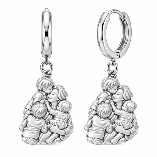Mother's Tender Embrace Huggie Charm Earrings – silver, front view