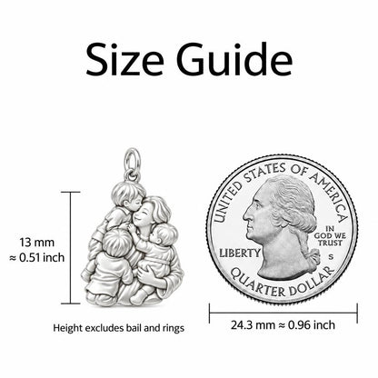 Mother's Tender Embrace Huggie Charm Earrings – size guide, 13 mm charm next to a quarter