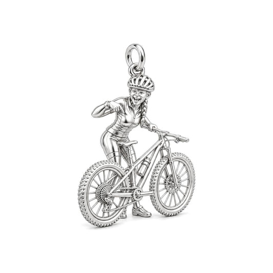 Mountain Bike Adventure Charm Bracelet – Personalized Athlete Gift – silver charm, front view