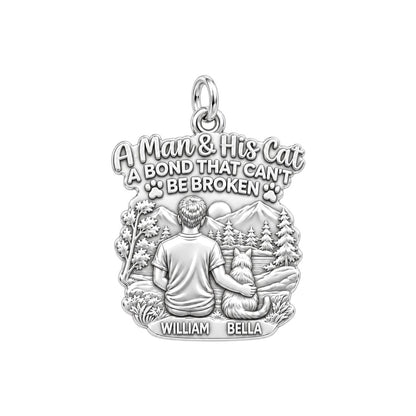 Mountain Bond Cat & Man Charm Bracelet – Personalized Dad Gift – silver plated 2 cm charm, front view